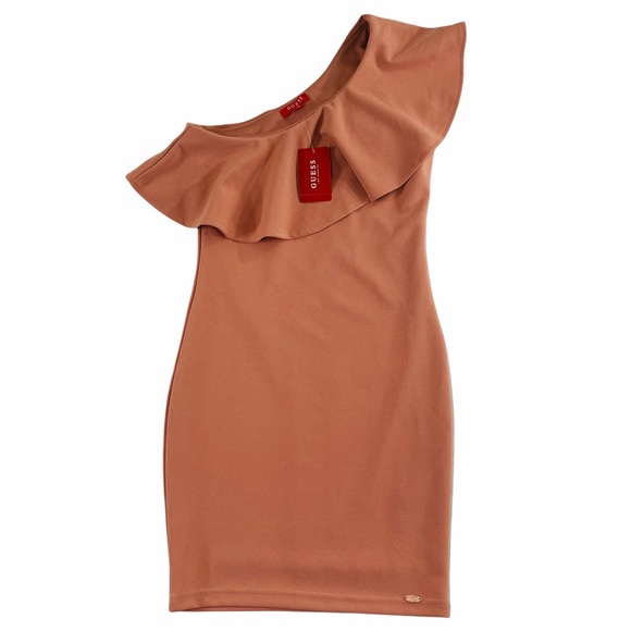 Guess Asymmetrical Dress One Shoulder Bella Satin Rose Peach - Picture 1 of 8